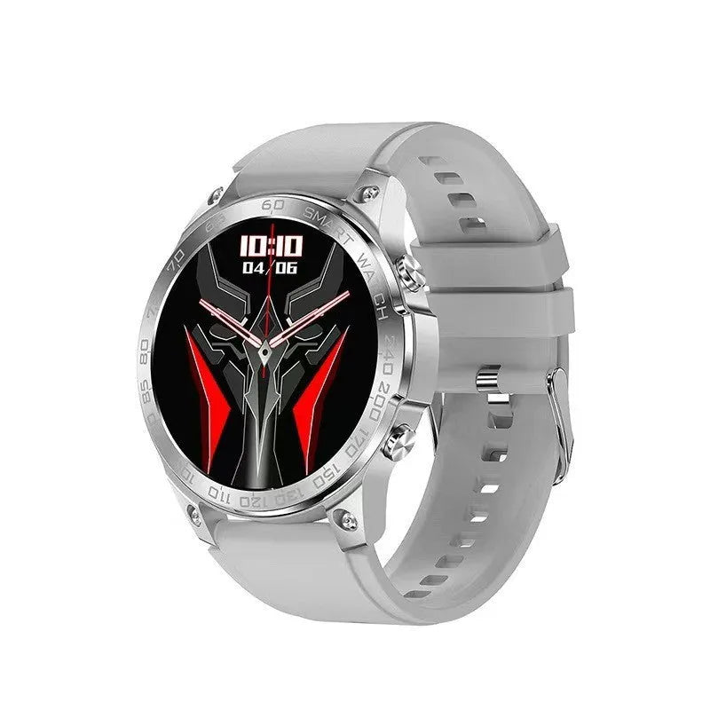 Round black Bluetooth sports watch with AMOLED screen on a silicone strap, showing fitness stats.