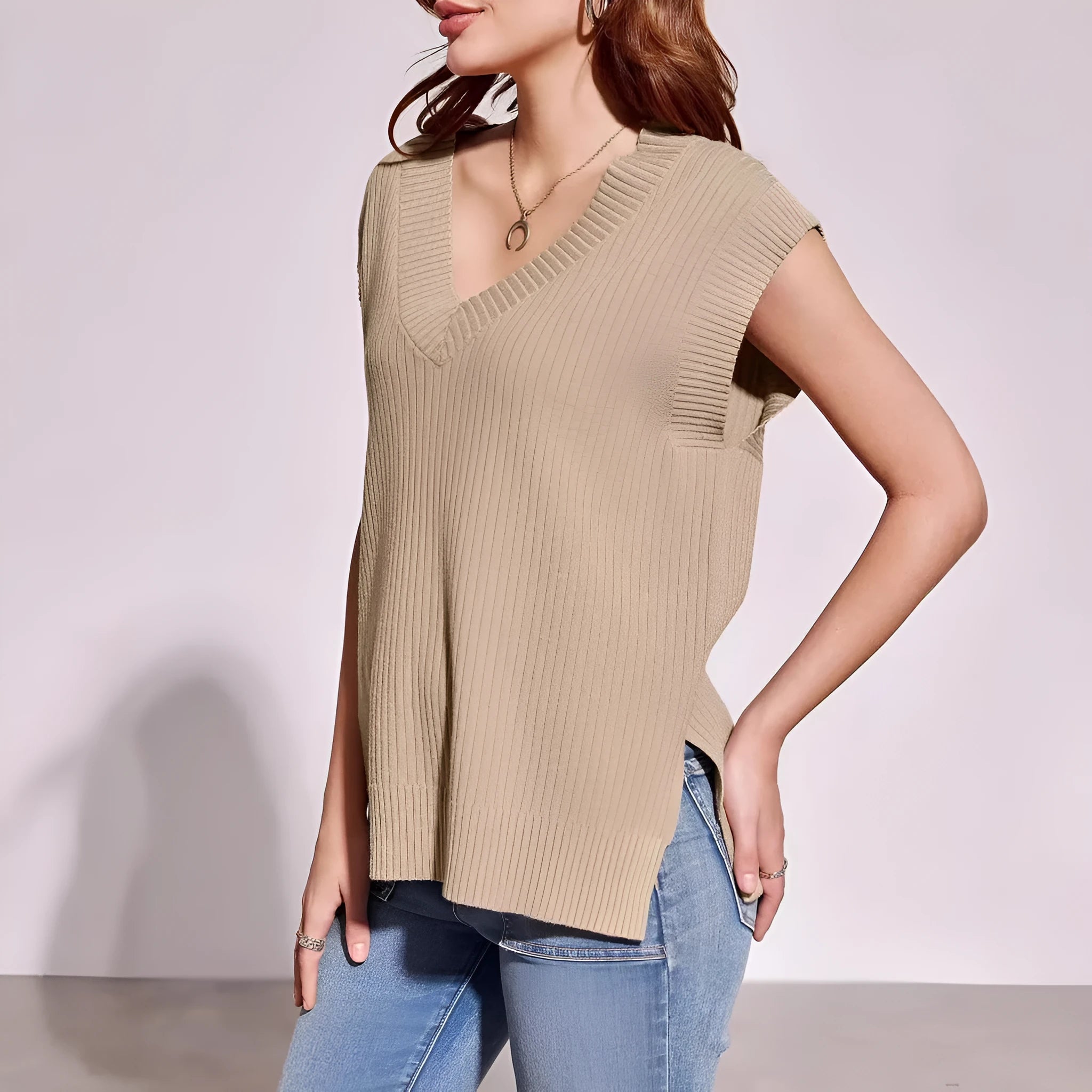 Camel and White women's sleeveless V-neck pullover vest in a loose, thin viscose fabric.