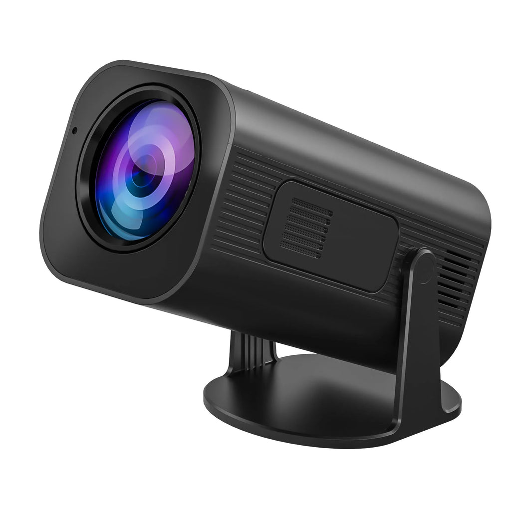 Black P330 portable mini projector with remote control on table displaying movie projection