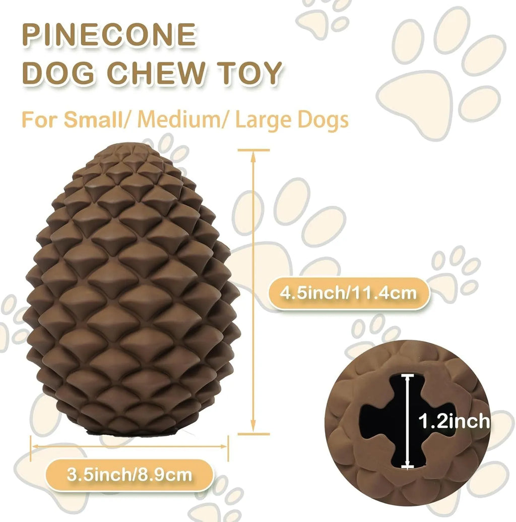 Yellow pine cone shaped natural rubber dog chew toy with treat dispenser hole, for medium and large breed dogs.