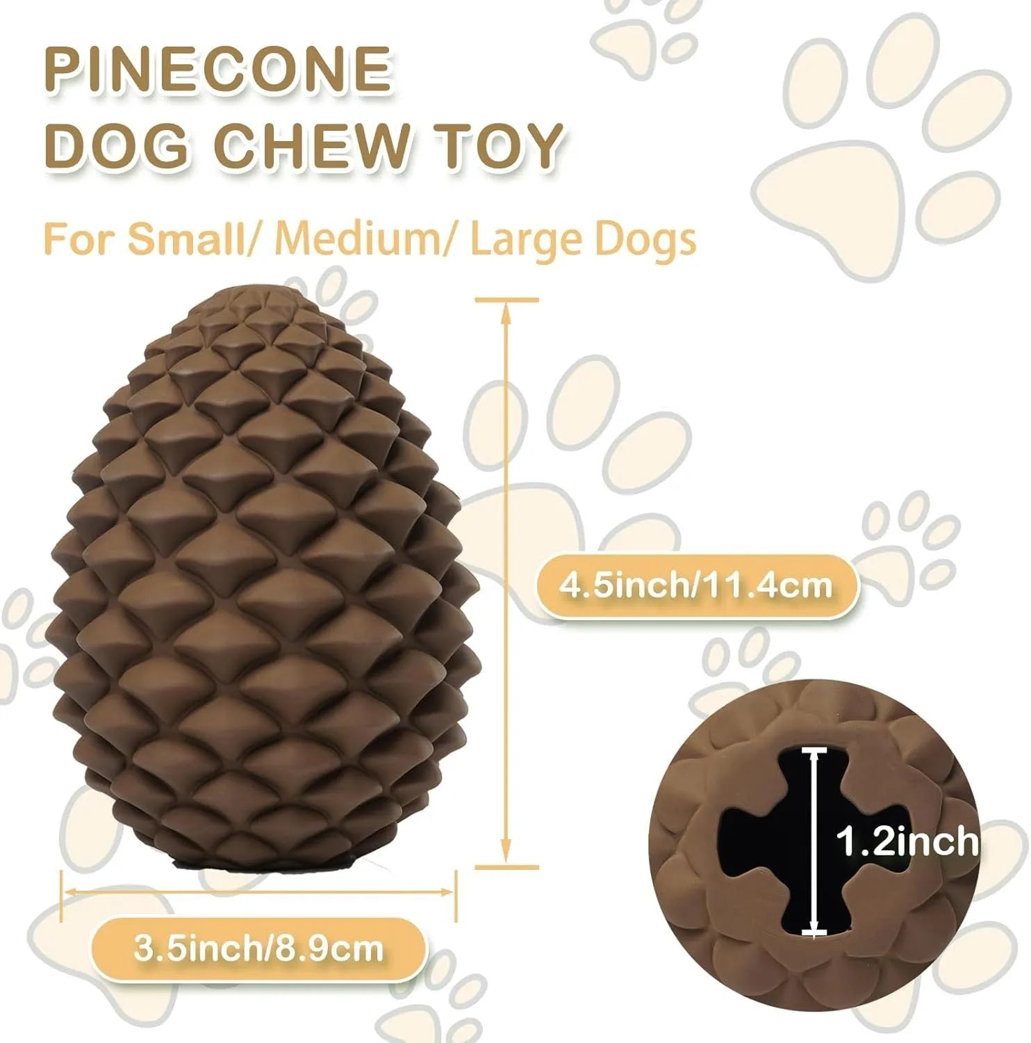 Yellow pine cone shaped natural rubber dog chew toy with treat dispenser hole, for medium and large breed dogs.