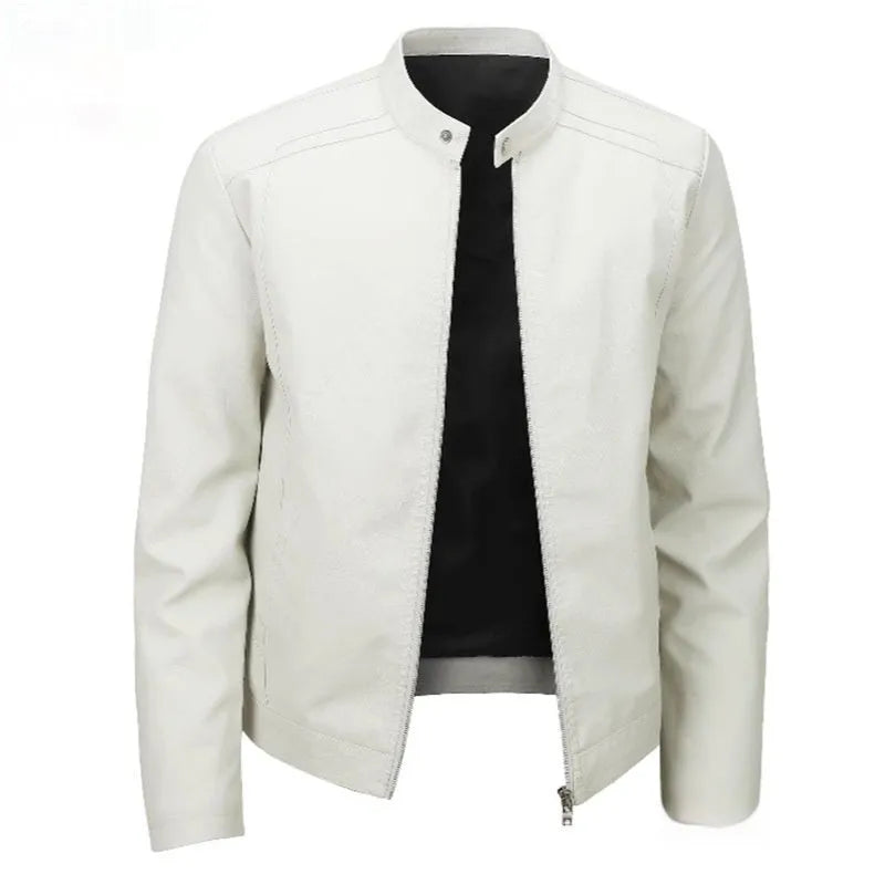 Men's slim artificial leather jacket with stand collar, black, sizes M to 5XL