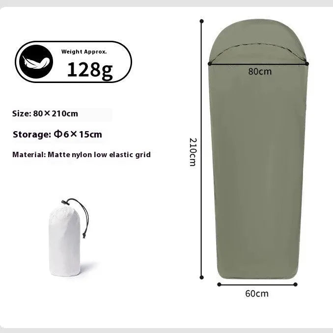 Blue and green adult mummy type nylon camping sleeping bag laid flat, showing dimensions.