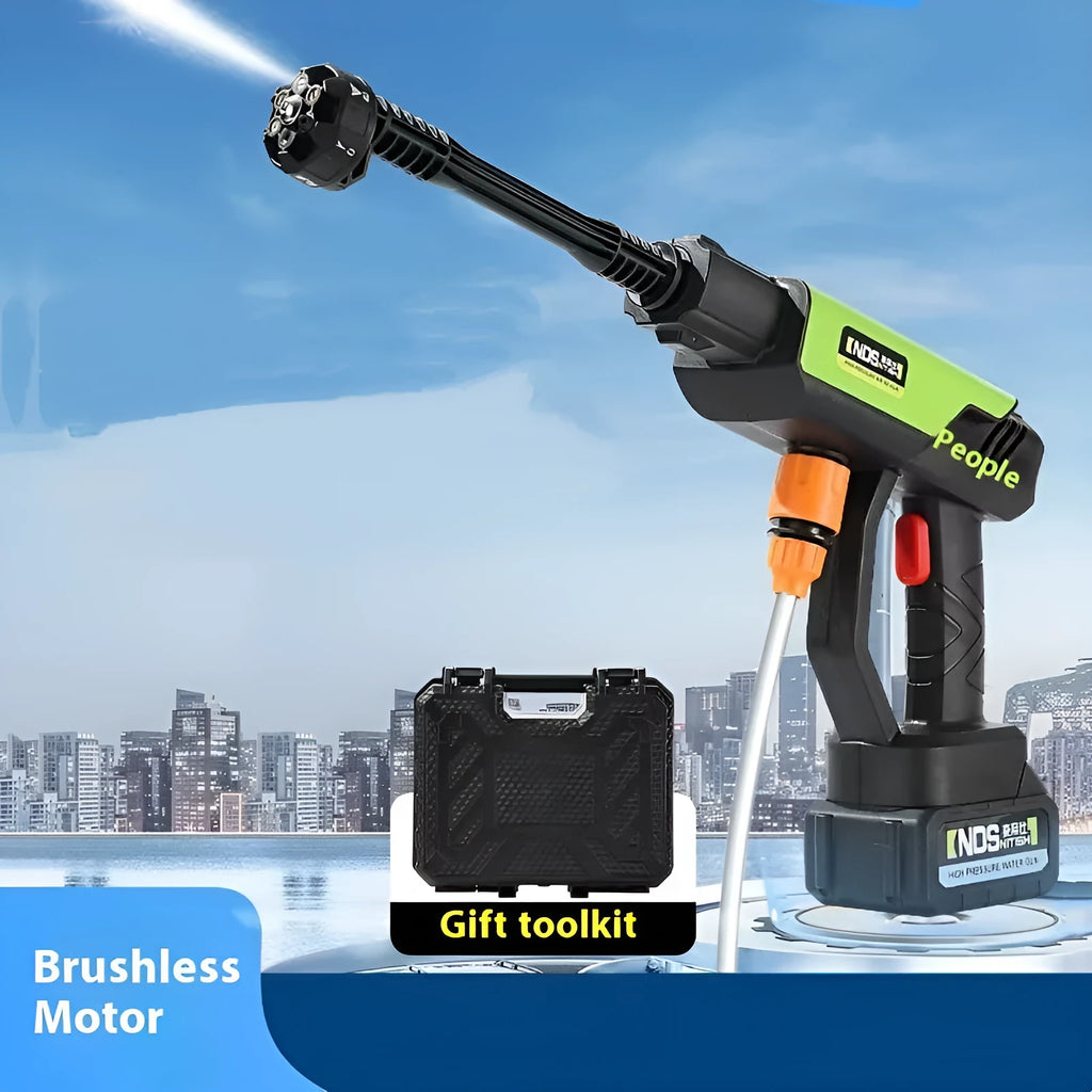 Green wireless high-pressure water gun with multiple nozzles and accessories on a white background
