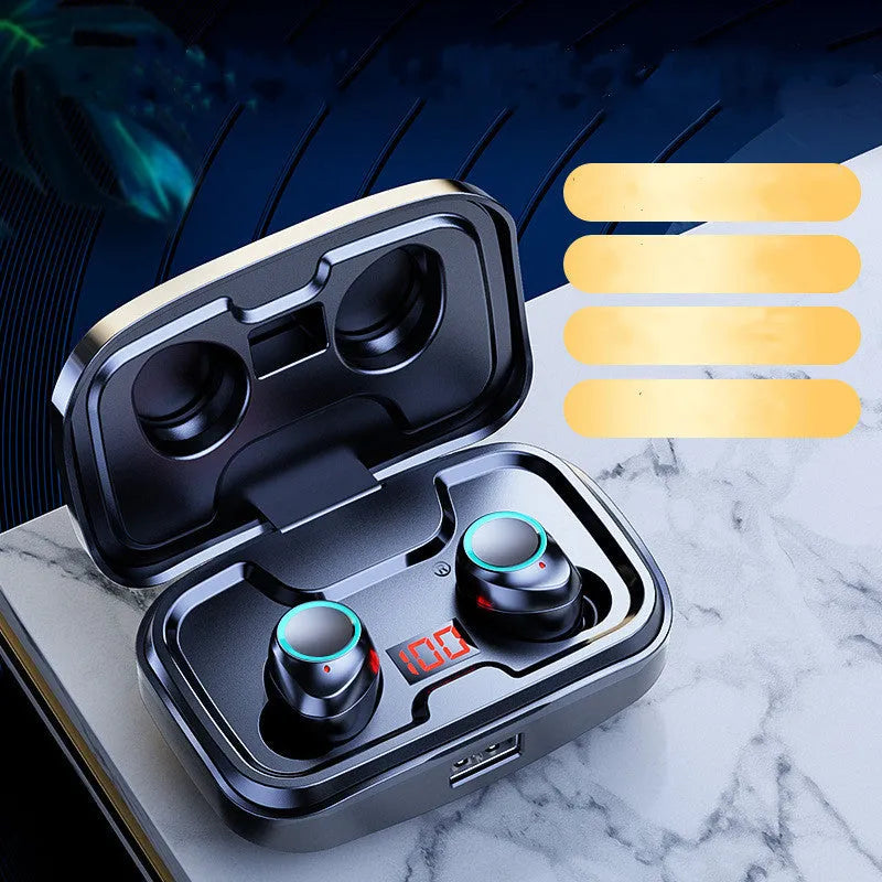Black wireless Bluetooth in-ear earphones with red and blue colour options displayed
