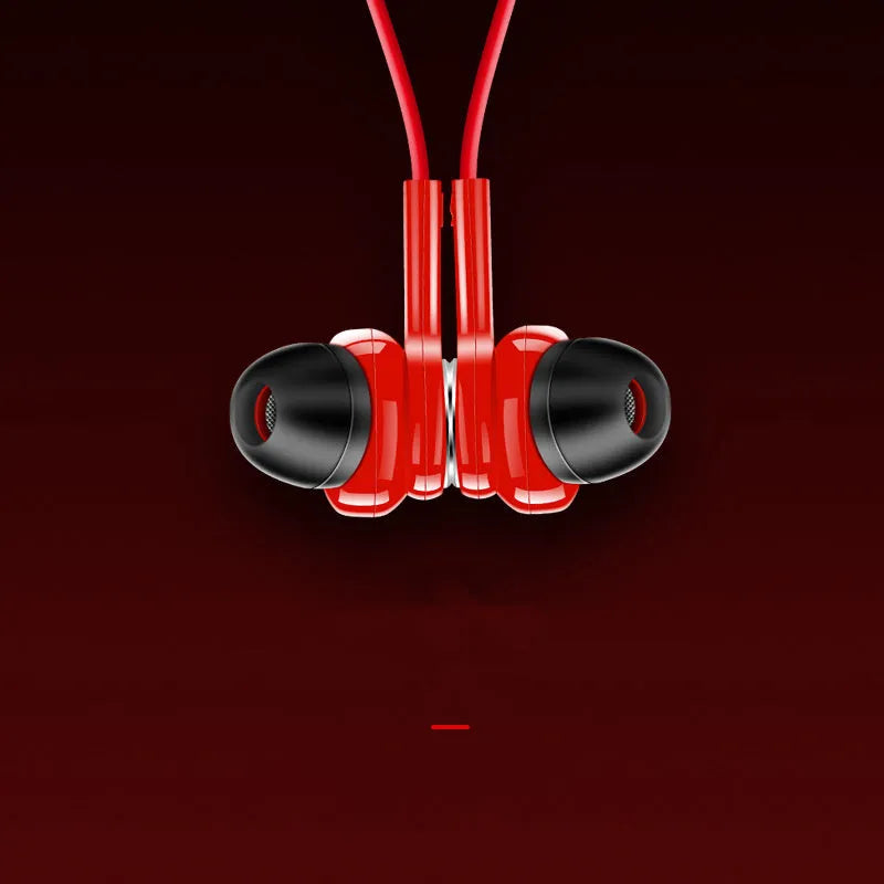 Red neckband sports Bluetooth earphones with earpieces and USB cable