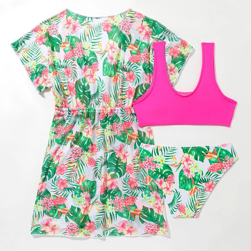 Girls' two-piece swimsuit set with split overclothes in floral print, sizes 130-160cm