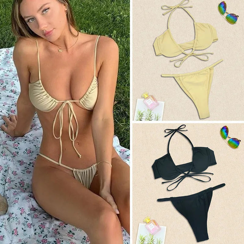 Women's black and mint green split design bikini swimsuit with bra and panties