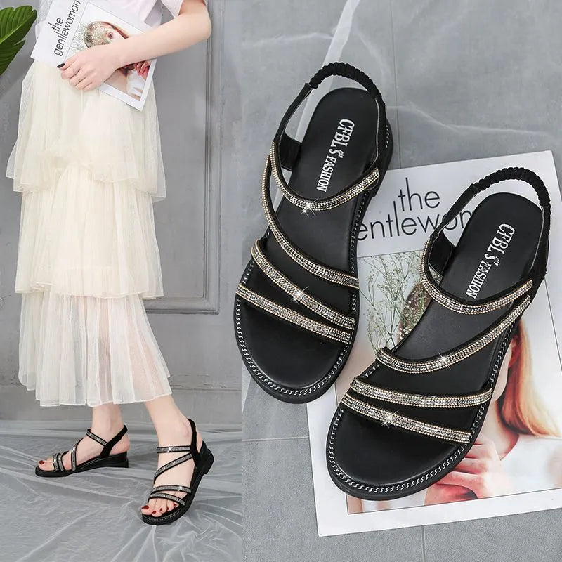 Women's gold Korean style flat sandals with rhinestone detail and elastic band