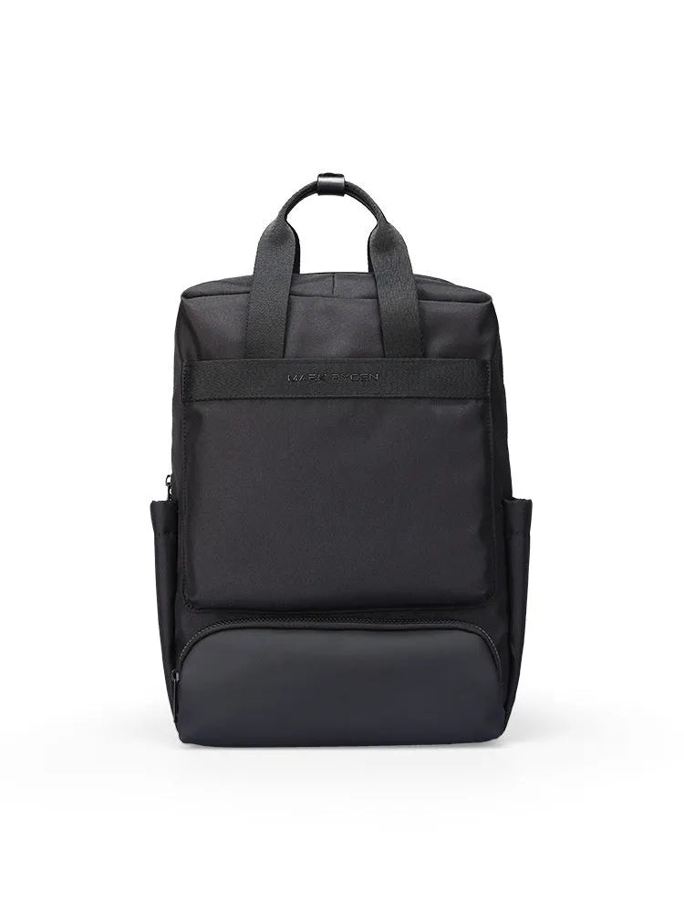 Black Oxford cloth laptop backpack showing 20-35L capacity and lightweight design.