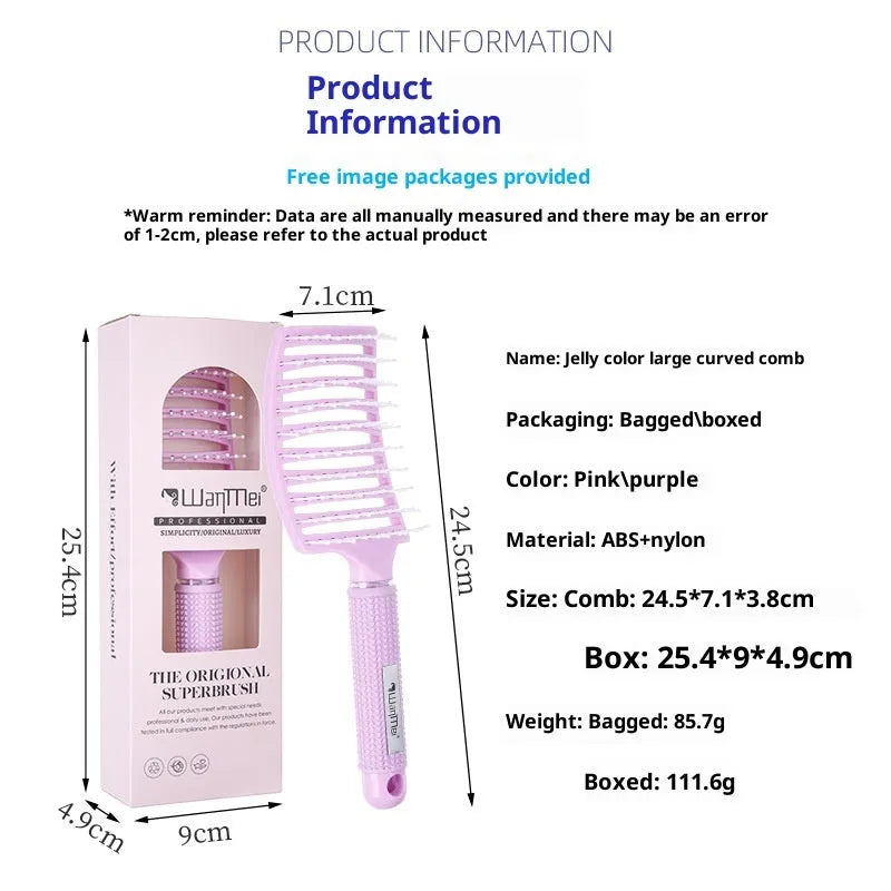 Jelly Color Large Hair Curling Comb in pink ABS nylon, over 20 cm long