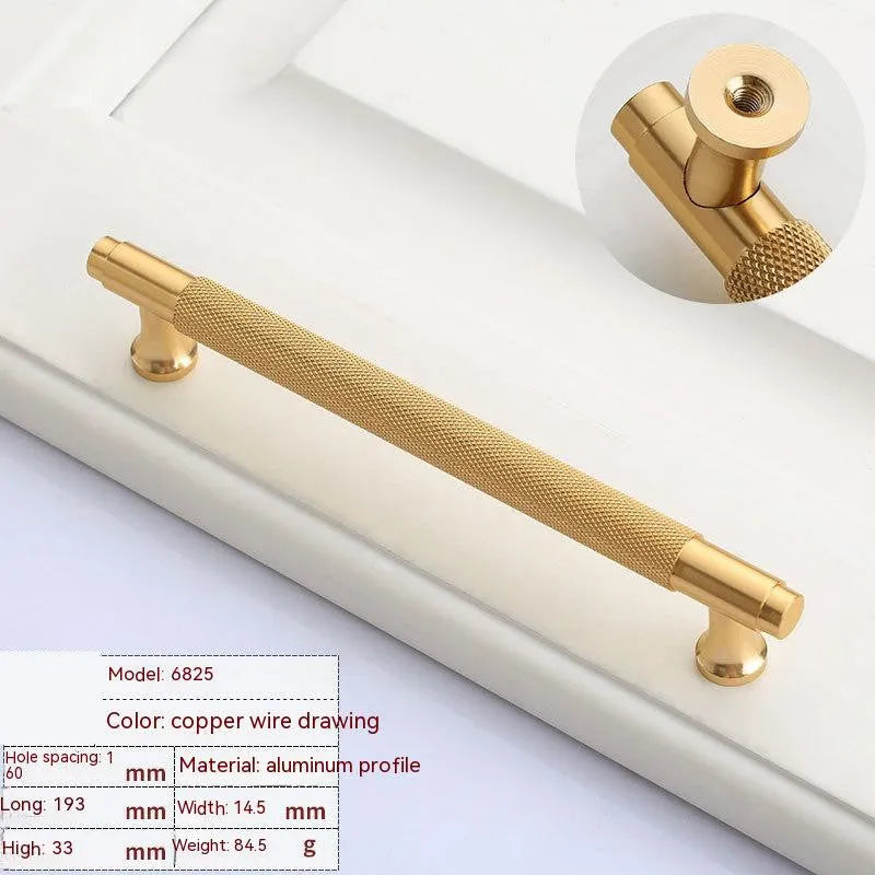 Brushed brass aluminium wardrobe handle in modern European style on a white background.