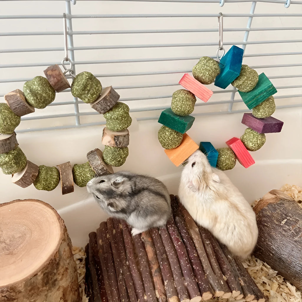 Small animal chew toy with applewood rod and decorative straw ball ring for hamsters guinea pigs rabbits