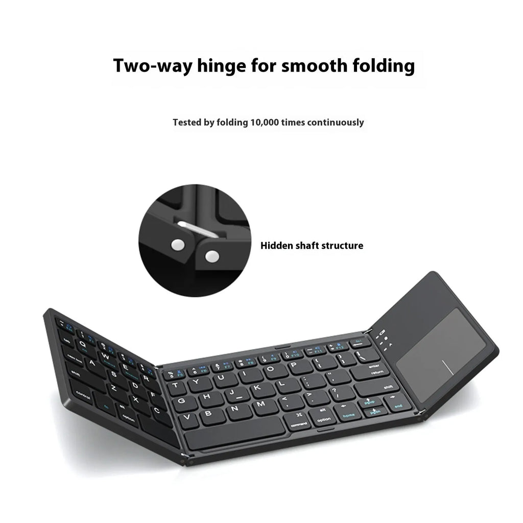 Black and silver mini tri-fold Bluetooth keyboard shown unfolded, displaying its slim profile and compact key layout.
