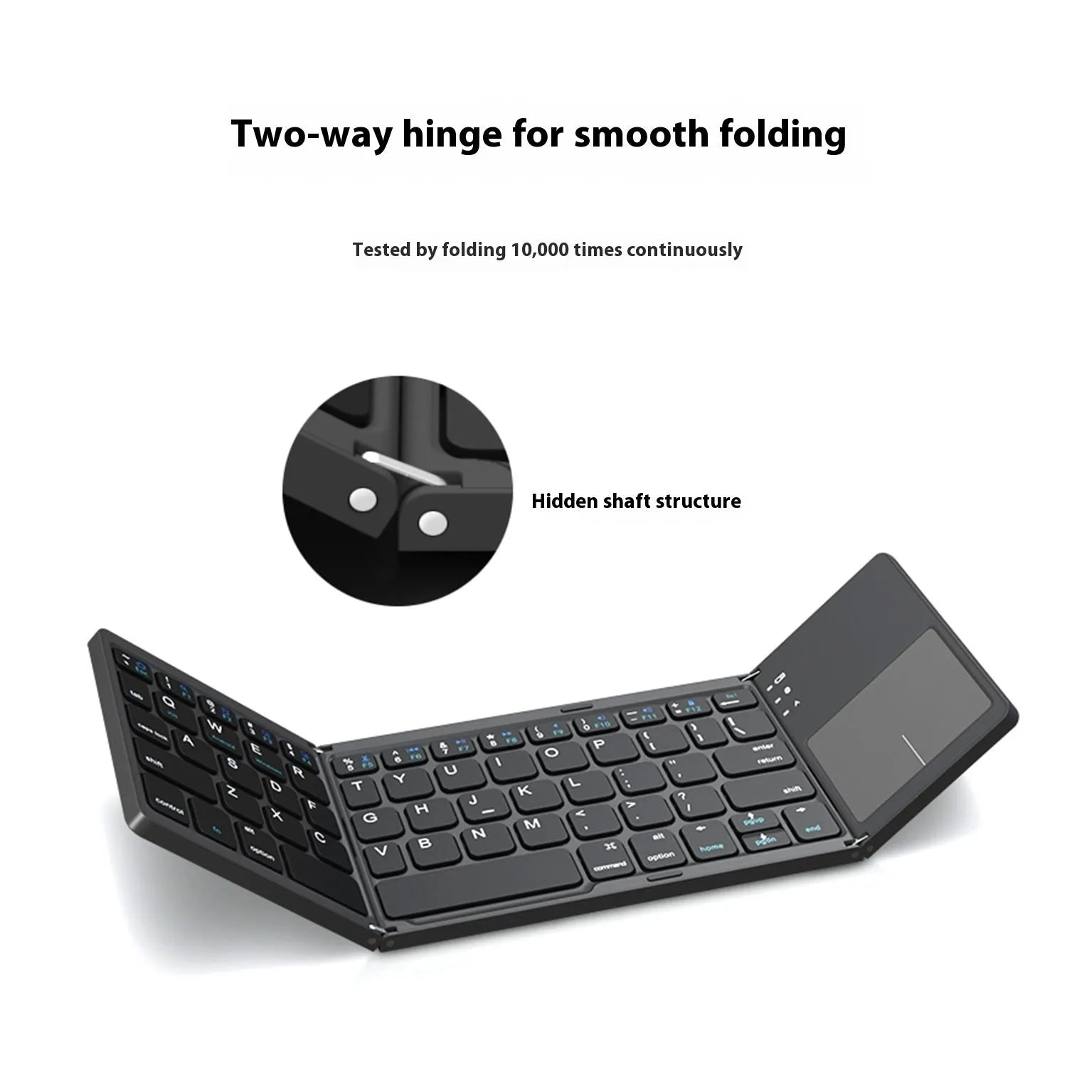 Black and silver mini tri-fold Bluetooth keyboard shown unfolded, displaying its slim profile and compact key layout.