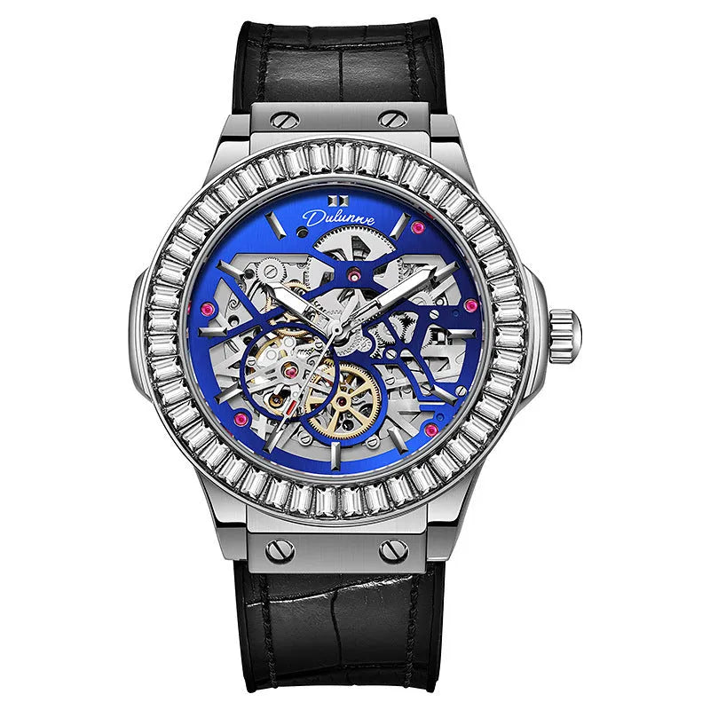 Men's automatic mechanical watch with diamond-studded hollow design and 16mm white case