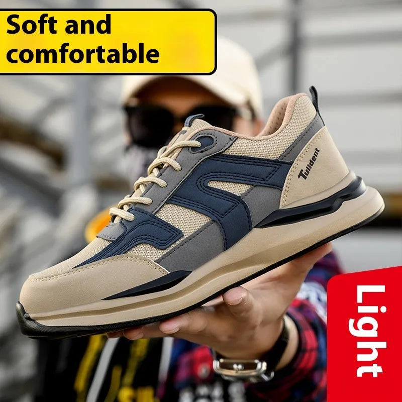 Summer breathable safety shoes for men cow leather upper anti smash anti stab low cut khaki colour construction industry