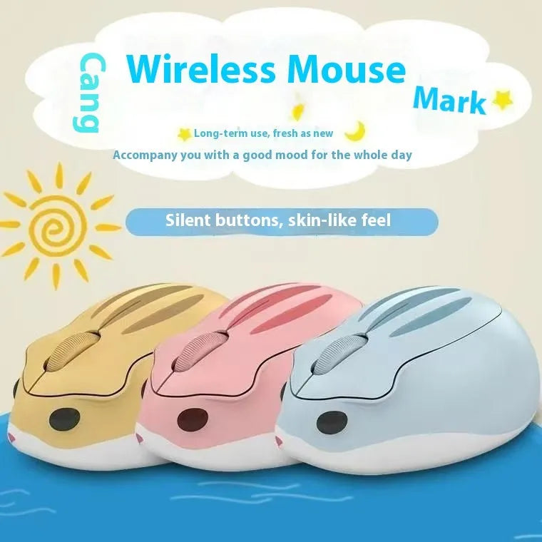 Hamster 109E wireless mute mouse in yellow pink and gray colors with Bluetooth connectivity