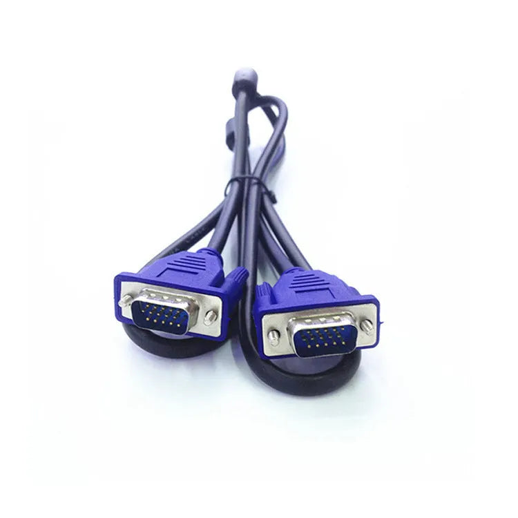 Black VGA cable with blue moulded heads and nickel-plated terminals for computer to monitor connections
