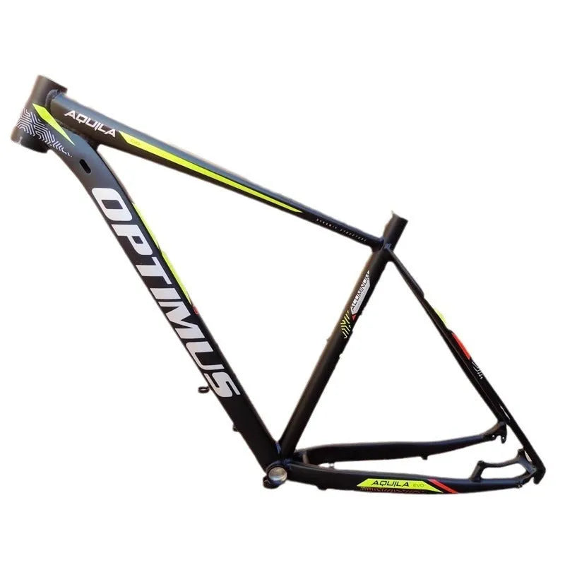 Black green aluminium 29-inch mountain bike frame showing innerline routing and disc brake mounts