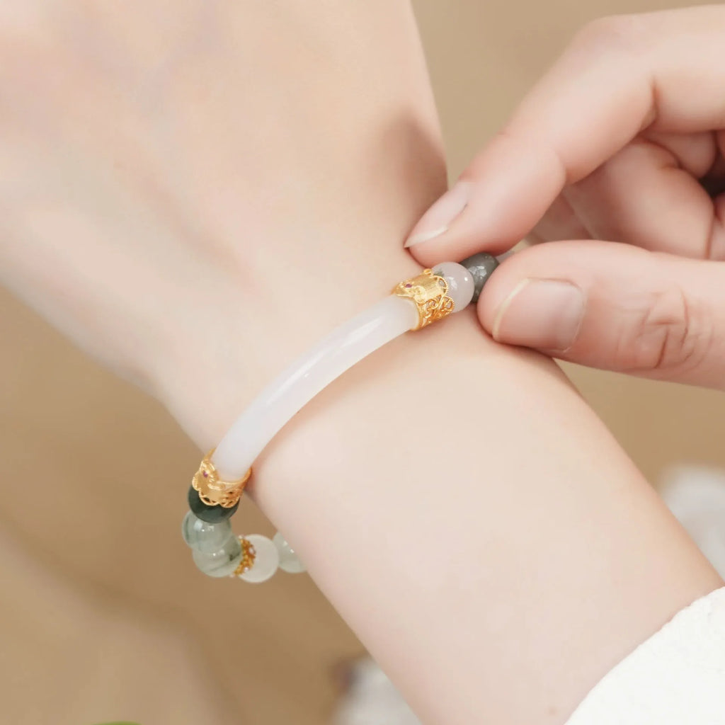 Emerald Green Tian Shan Cui stone half bracelet for women with round national style design.