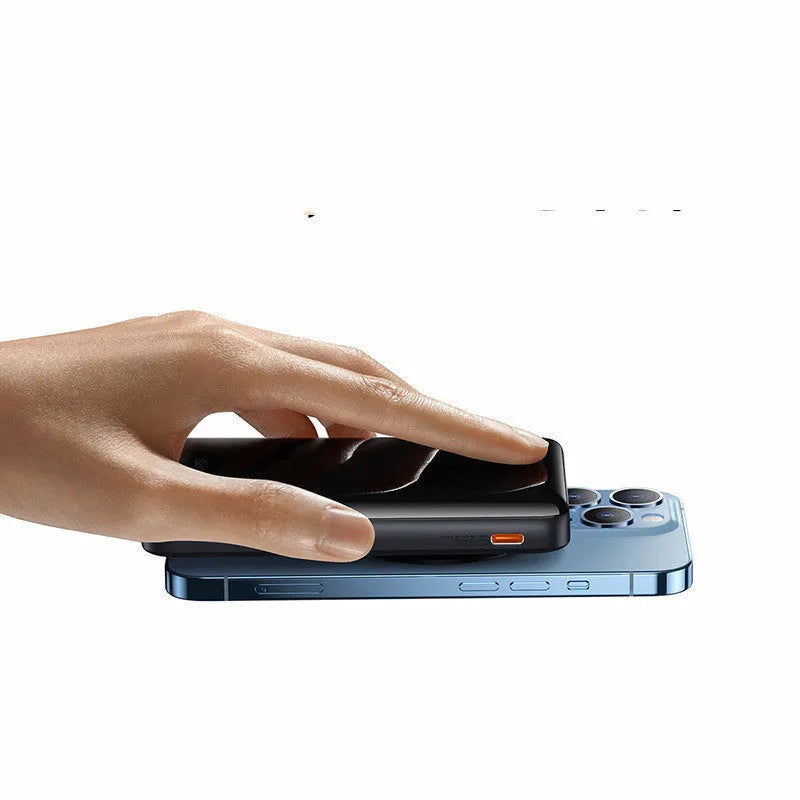Slim magnetic wireless power bank in blue, white, or pink colours showing compact dimensions