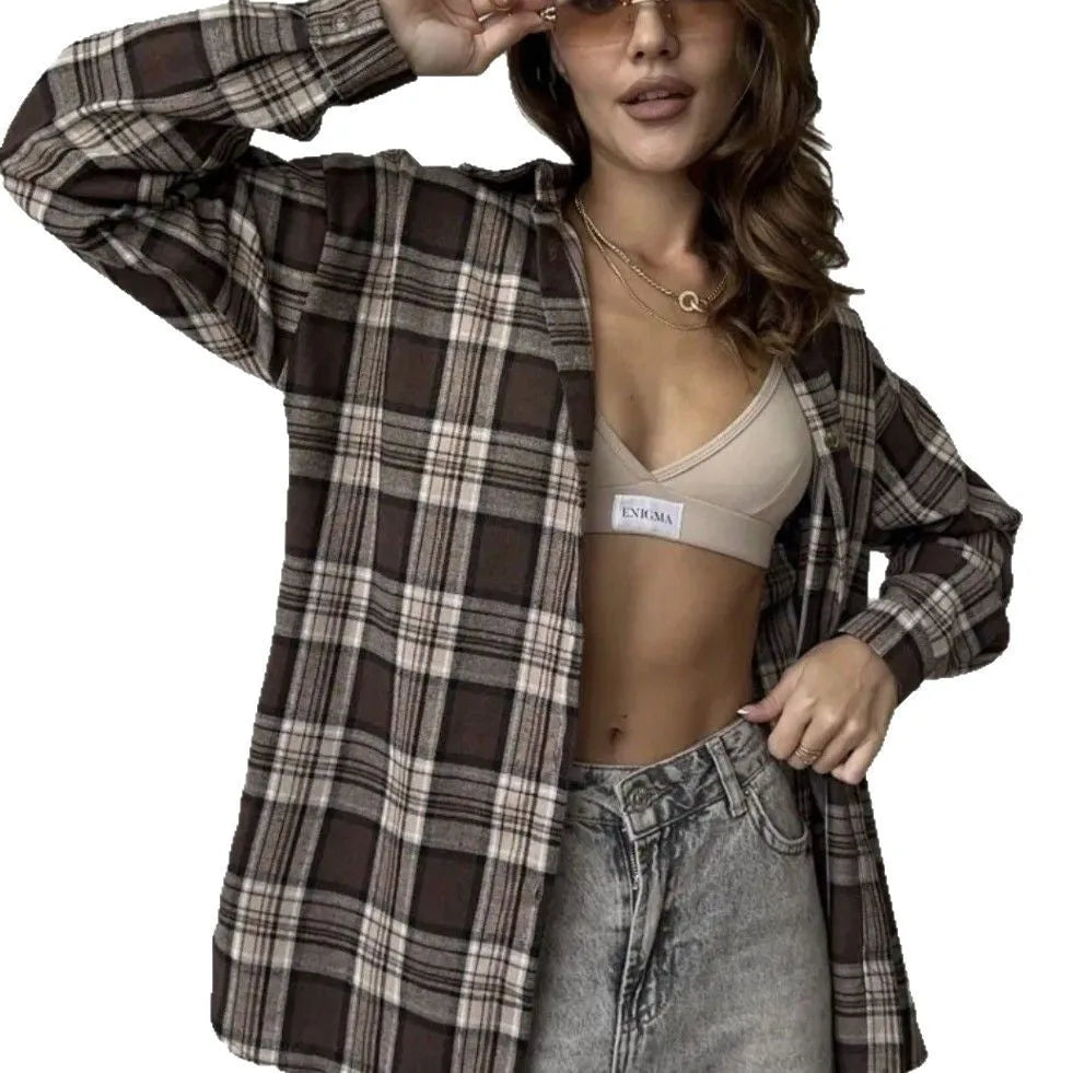 Dark brown striped women's retro cotton shirt with long sleeves and pocket option