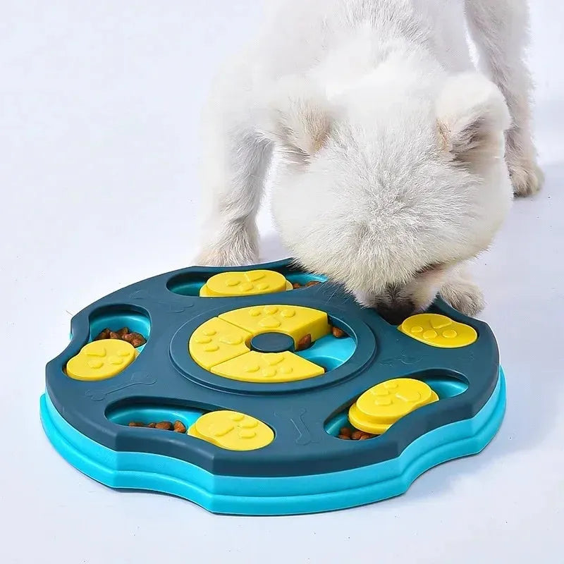 Blue dog puzzle toy bowl with food searching compartments for interactive feeding game