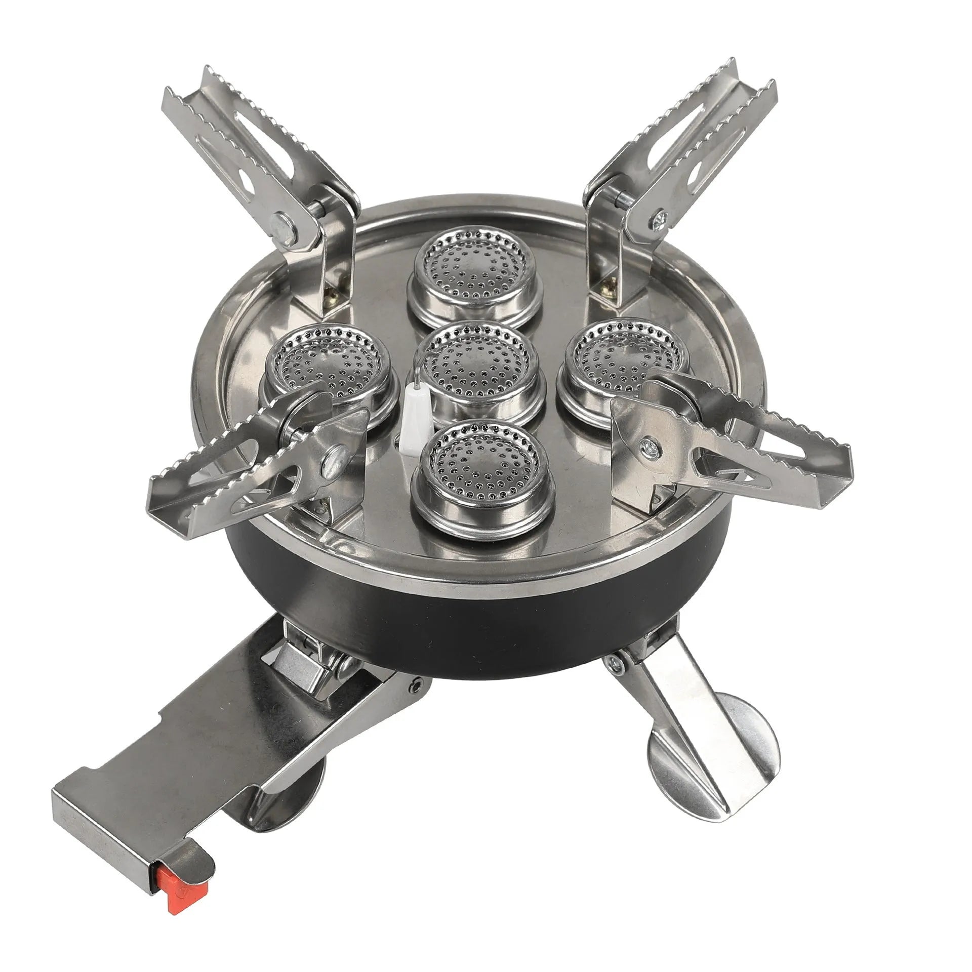 Silver stainless steel foldable split camping stove with copper fittings and extended hose