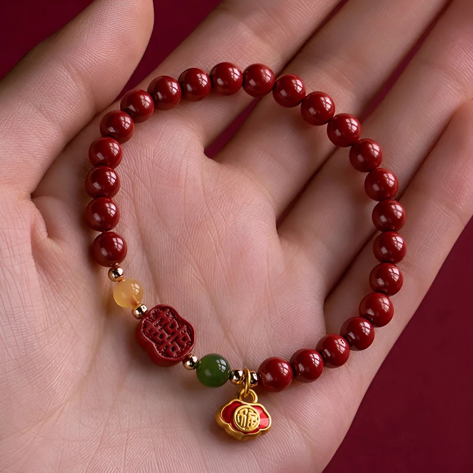 Happy Eyebrow Bracelet with emperor sandstone beads and fu character in New Chinese Style