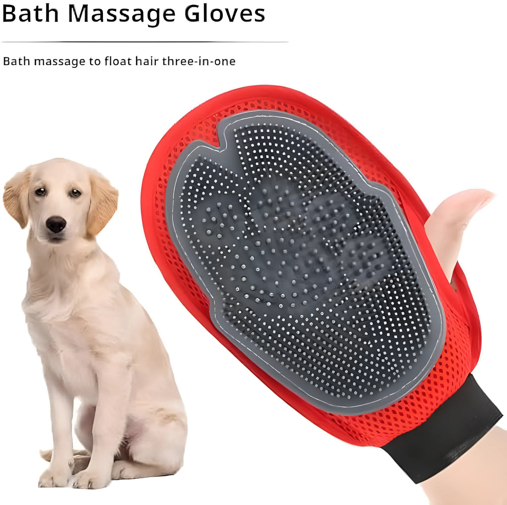 Red pet bathing glove with integrated brush design for hair removal during pet grooming