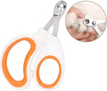 Blue cat nail clippers with circular hole and cushioned handle on a plain background