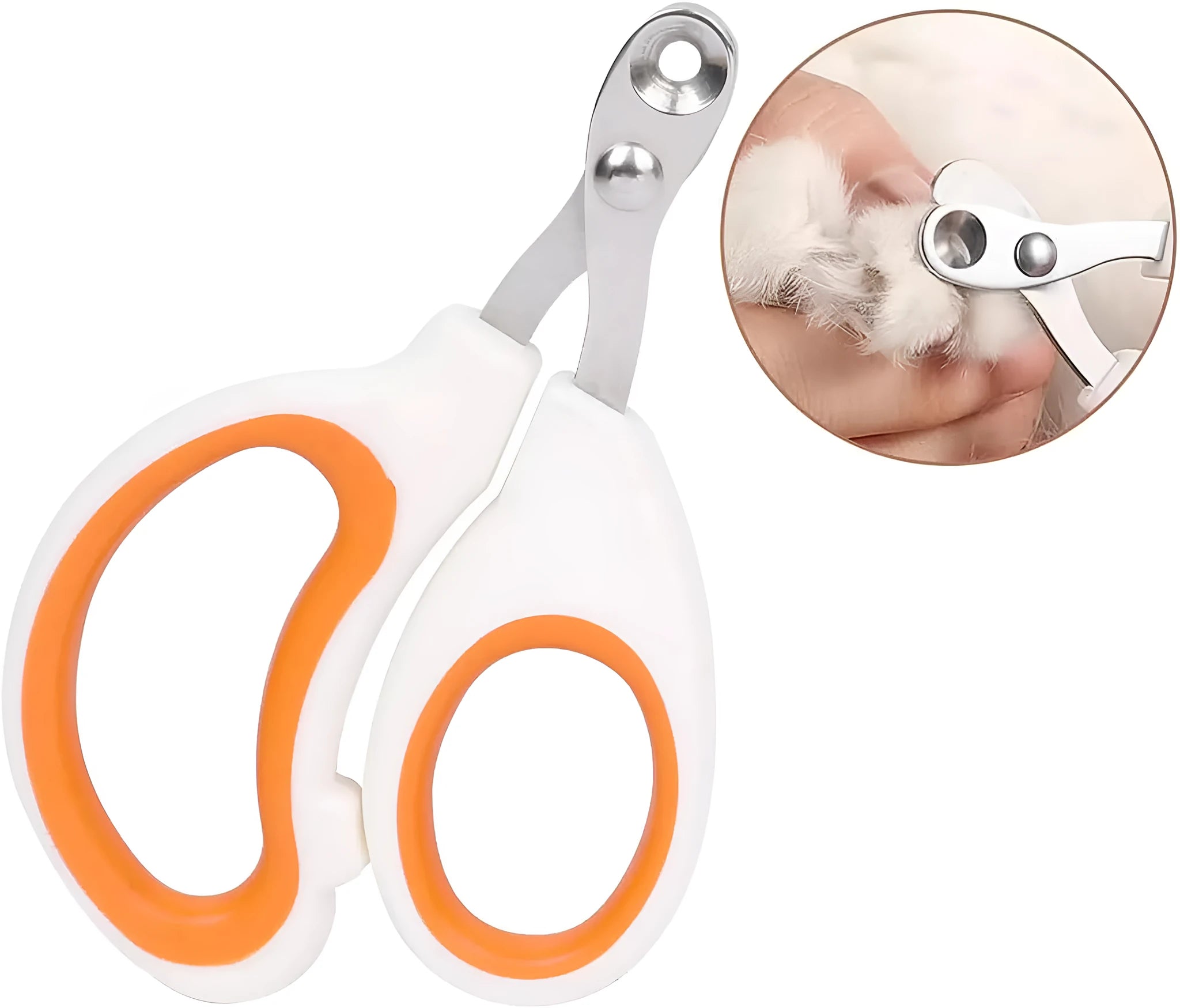 Blue cat nail clippers with circular hole and cushioned handle on a plain background