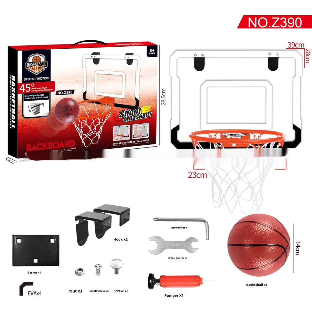 Folding basketball frame with parallel panels showing dunk scoring function and suction cup mounting