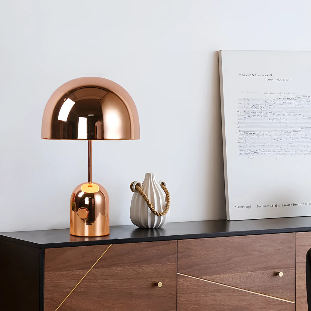 Modern mushroom-shaped metal table lamp in rose gold finish measuring 280mm wide
