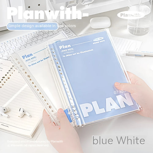 A5 spiral notebook with transparent PVC cover in blue, showing loose pages inside, next to a white version.
