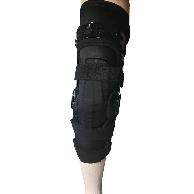 Black anterior ligament knee pad supporter showing side-specific sizing options.