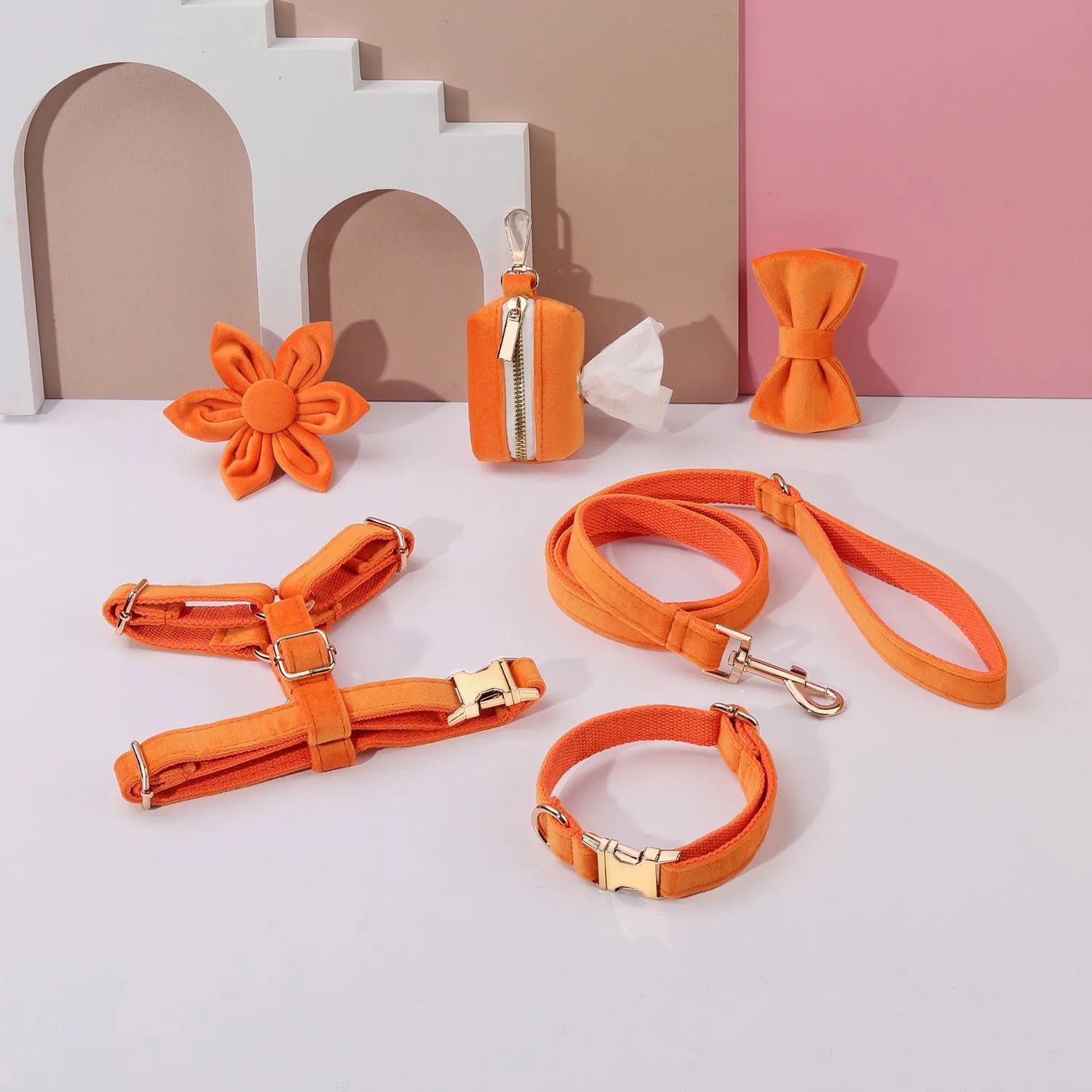 Velvet dog collar and harness set with matching bow tie and flower accessory