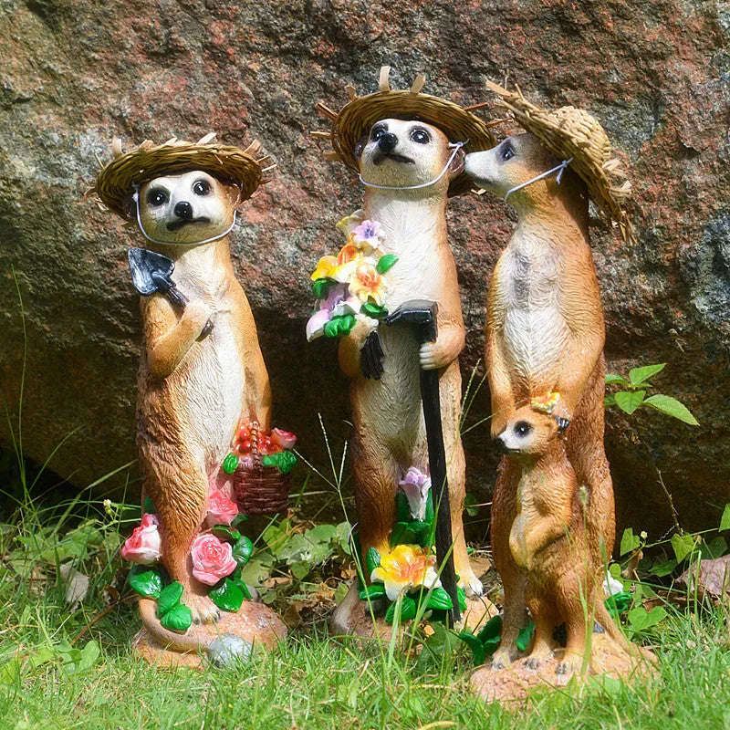 Straw hat mongoose resin garden ornaments with gardening tools in yellow brown colours