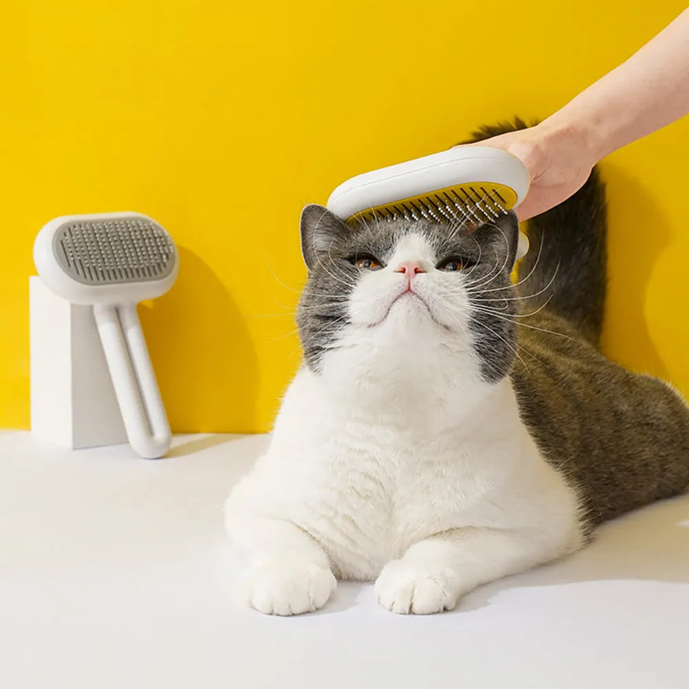 Cat dog grooming brush with stainless steel teeth and white silicone tips on a gray handle