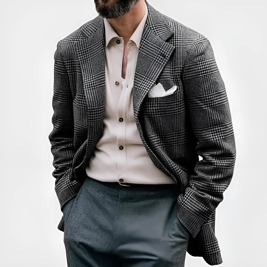 Men's casual printed double-breasted suit jacket in polyester blend, long sleeves, regular length, sizes S-5XL