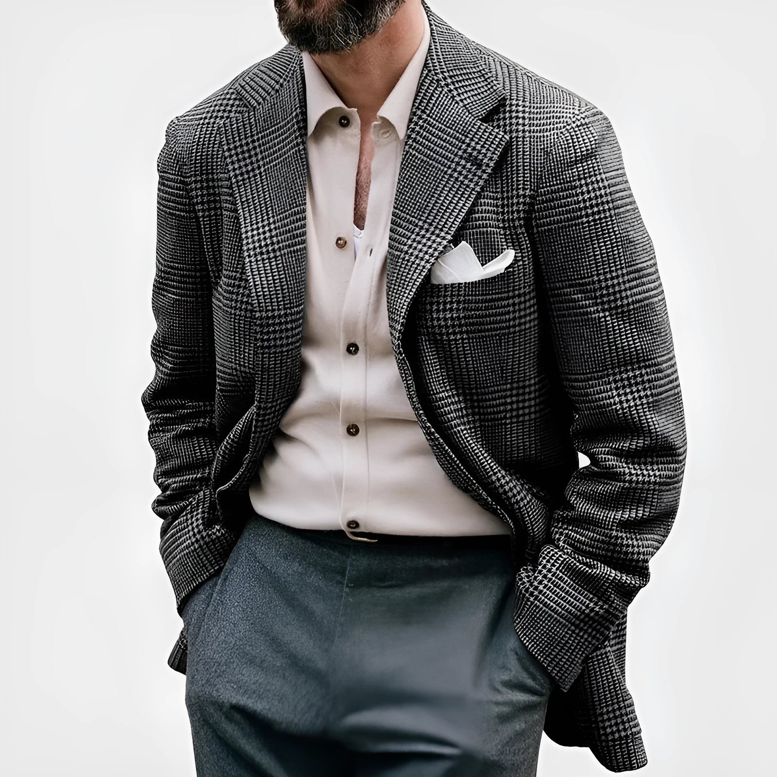 Men's casual printed double-breasted suit jacket in polyester blend, long sleeves, regular length, sizes S-5XL