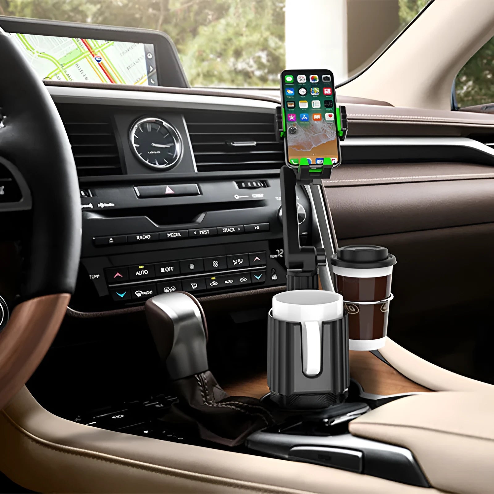 Green car dashboard drink rack and mobile phone holder on vehicle dashboard