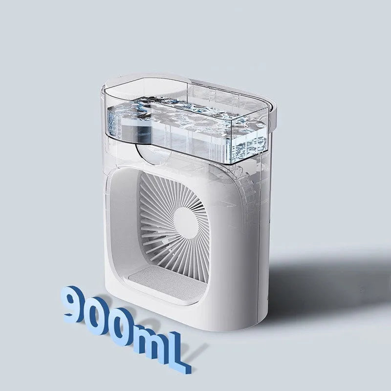White USB refrigeration air conditioner fan with brushless motor and timing screen display on a desk