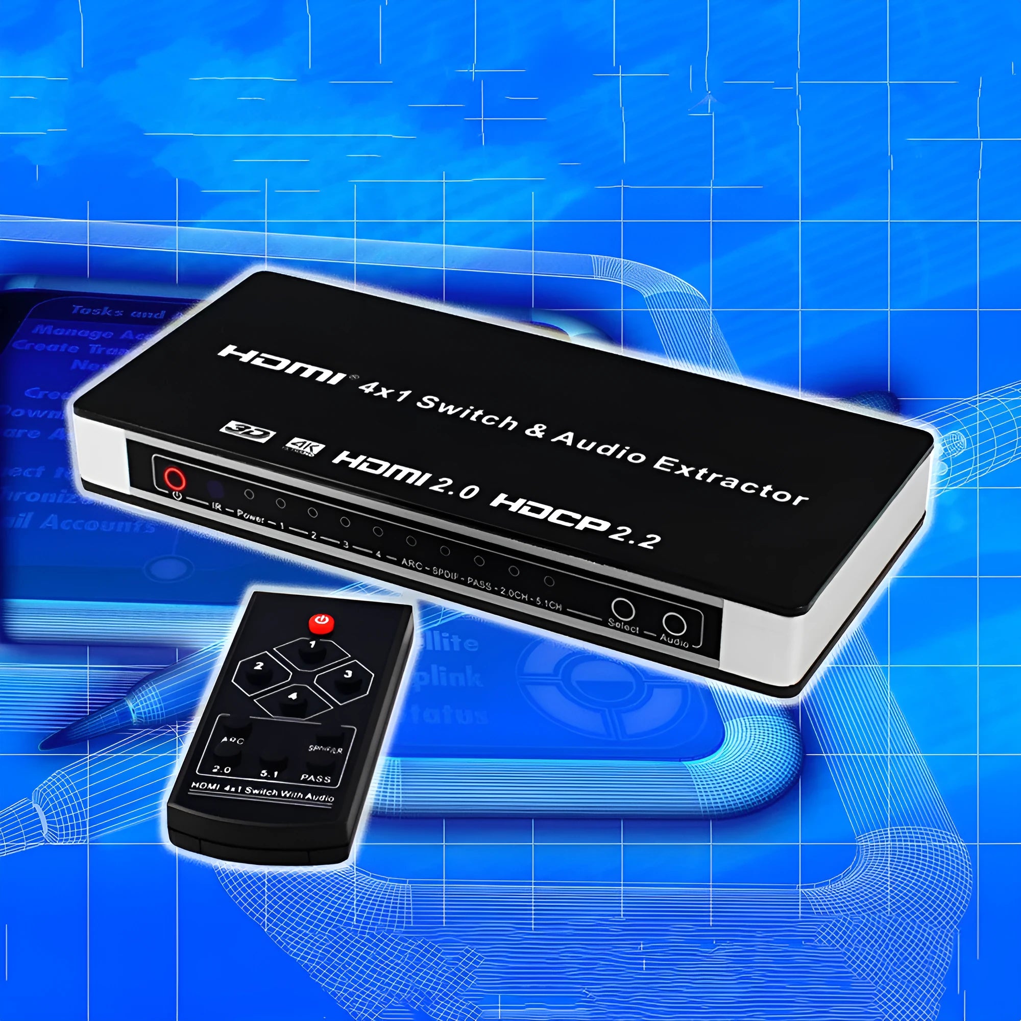 Black HDMI audio video switch unit with remote control for four input sources.