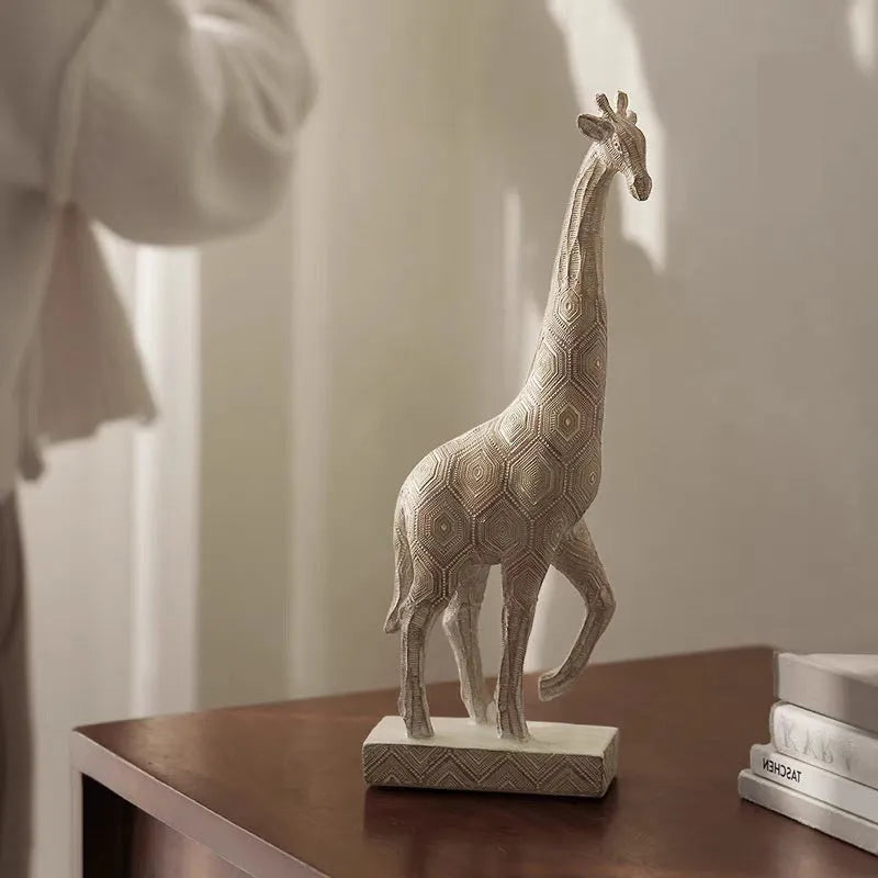 Wood colour European style giraffe resin ornament for home decor, 30.5cm tall.