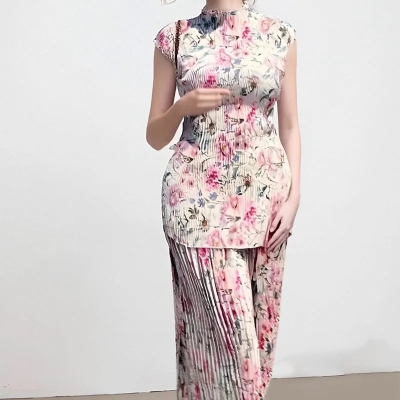 Women's printed chiffon two-piece dress set with long sleeves and a high-waisted skirt.