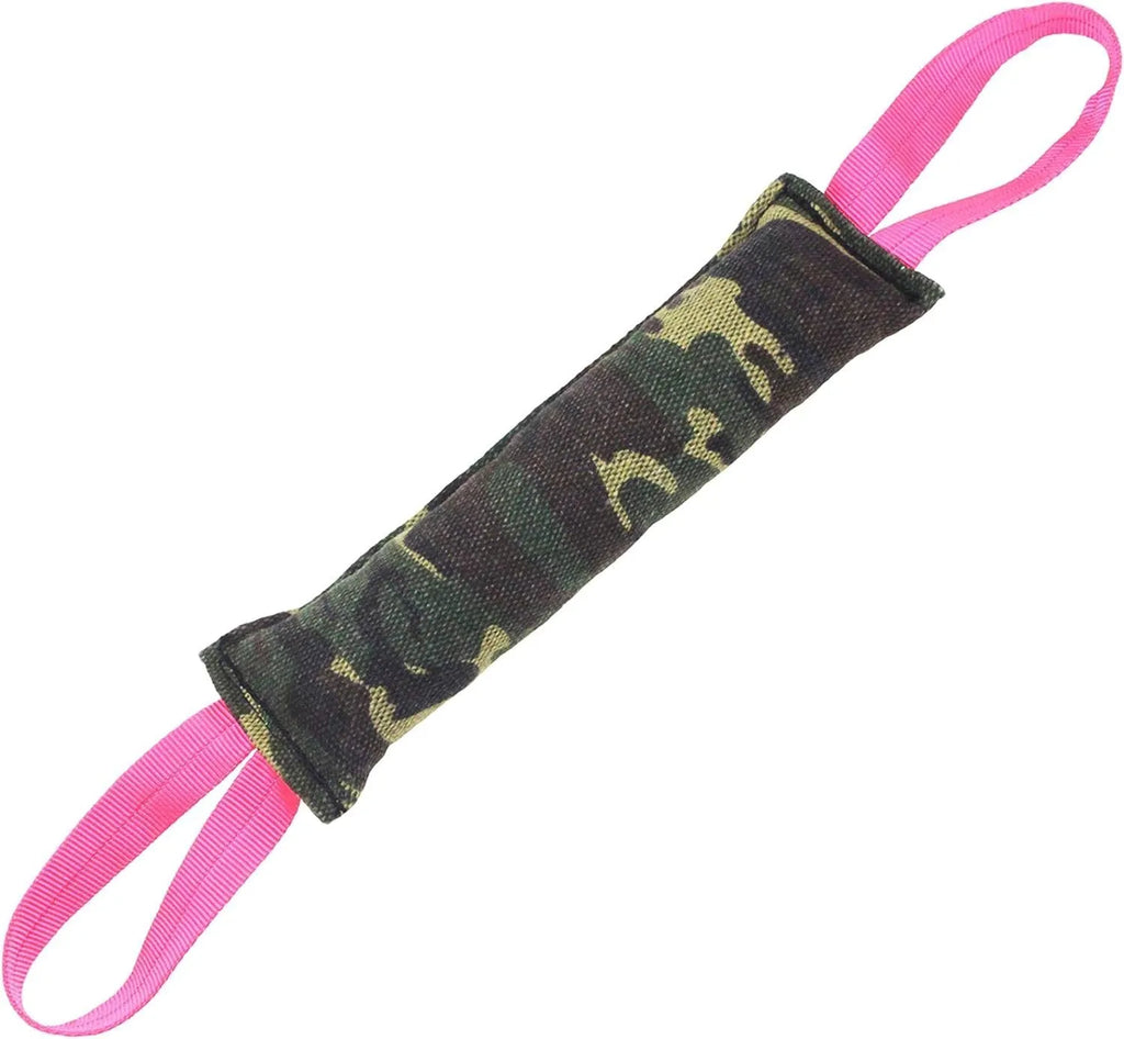 Beige jute dog tug toy with two handles showing double stitching details