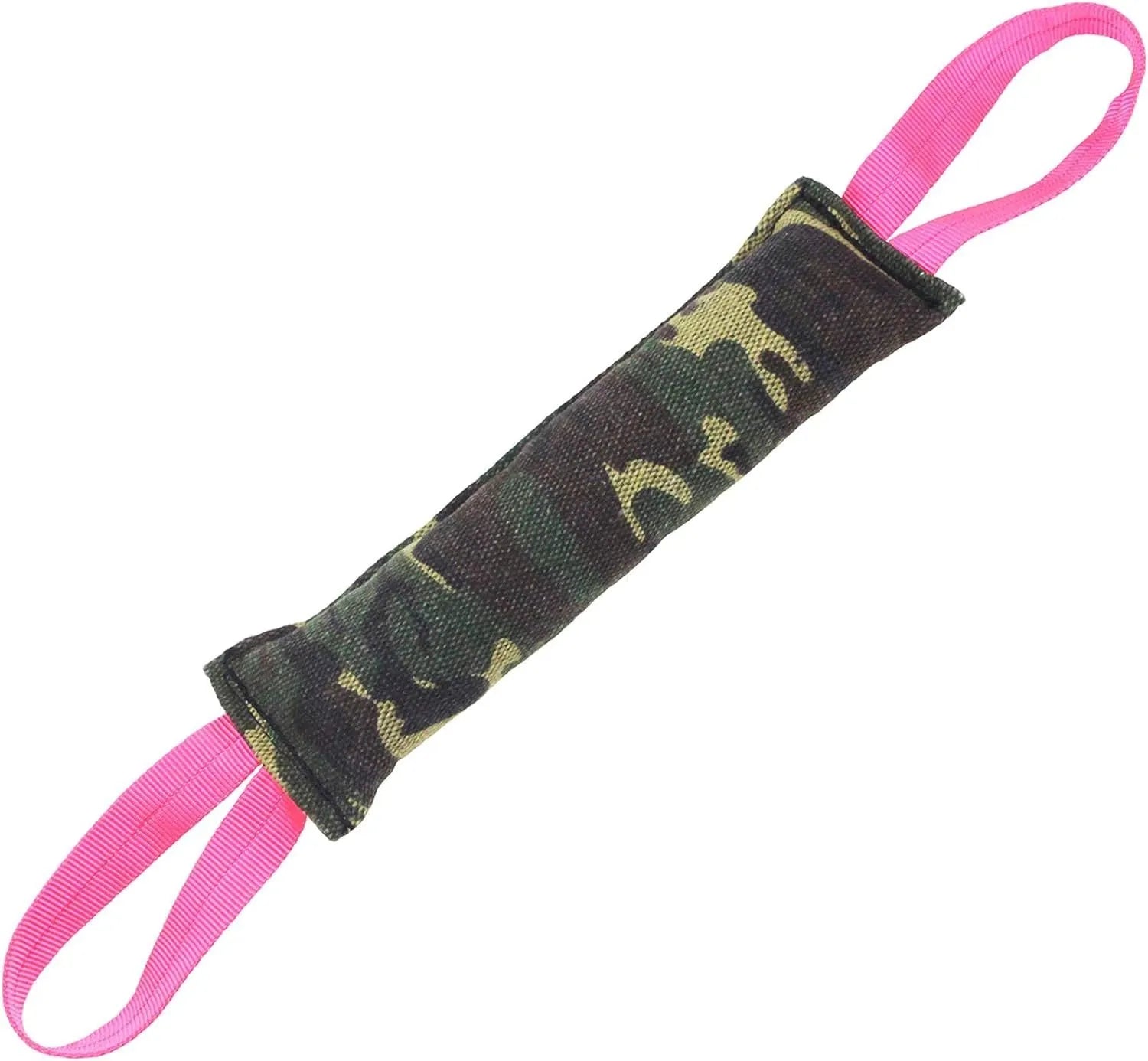 Beige jute dog tug toy with two handles showing double stitching details