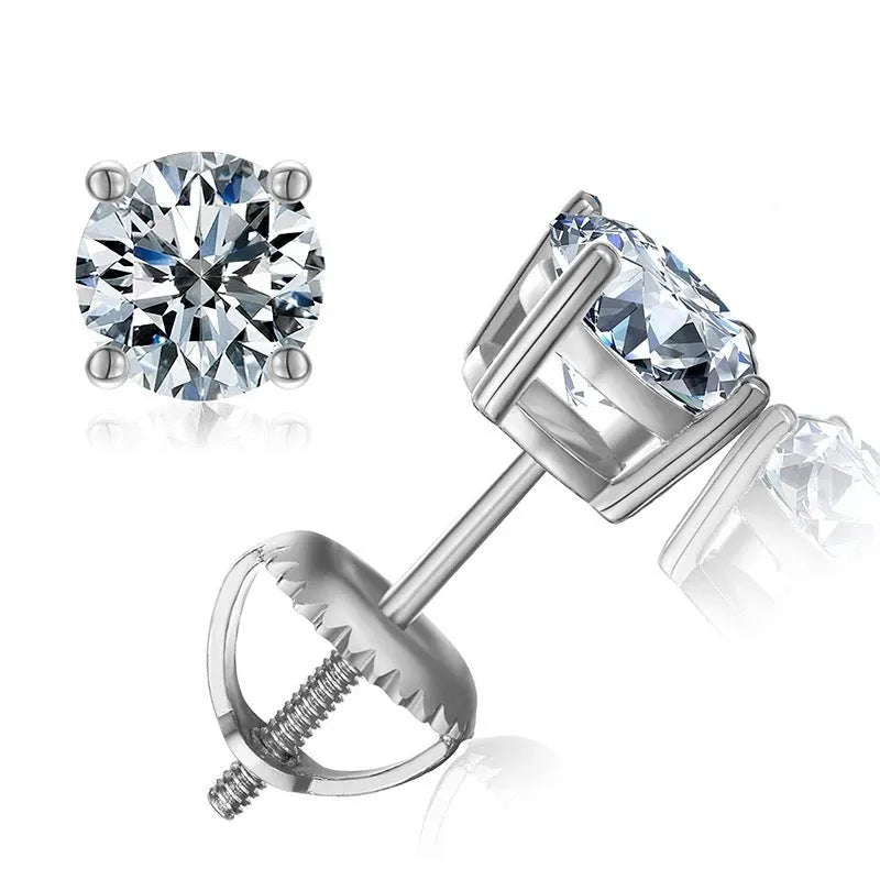 Silver screw-back moissanite stud earrings with four-claw setting and geometric shape design